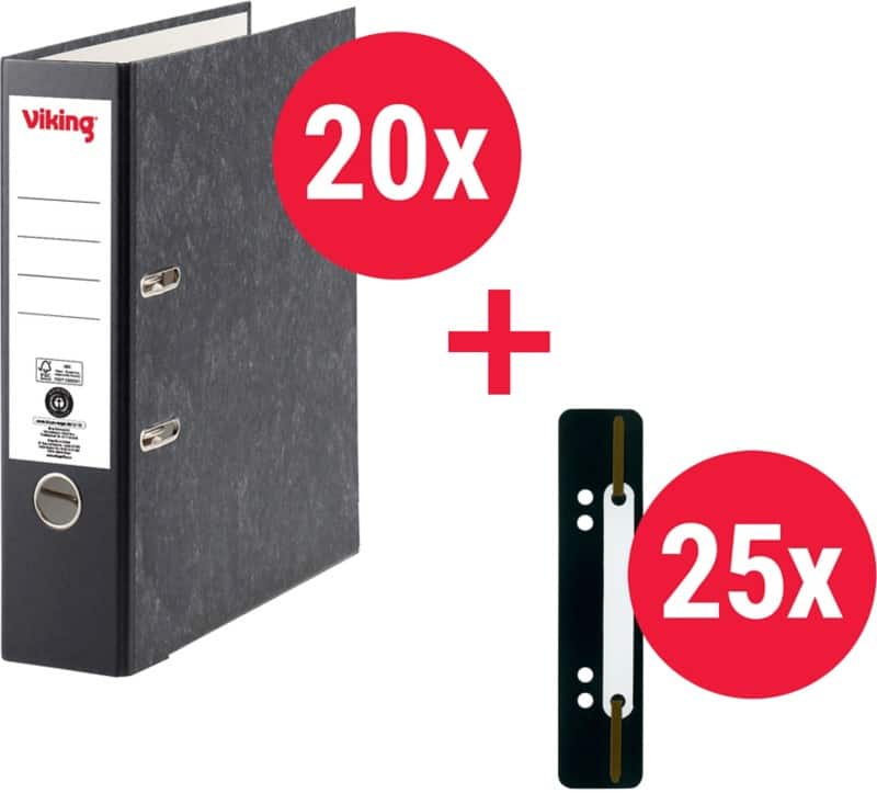 Viking Ordner + Heftstreifen Breit DIN A4 80 mm Schwarz 2 Ringe Kunststoff Wolkenmarmor Hochformat 20 Stück