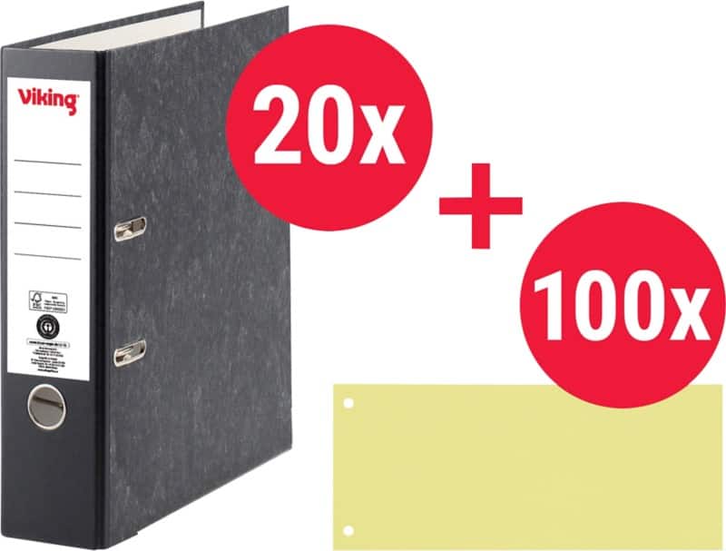 Viking Ordner + Trennstreifen Breit DIN A4 80 mm Schwarz, Gelb 2 Ringe Pappkarton Wolkenmarmor Hochformat 20 Stück
