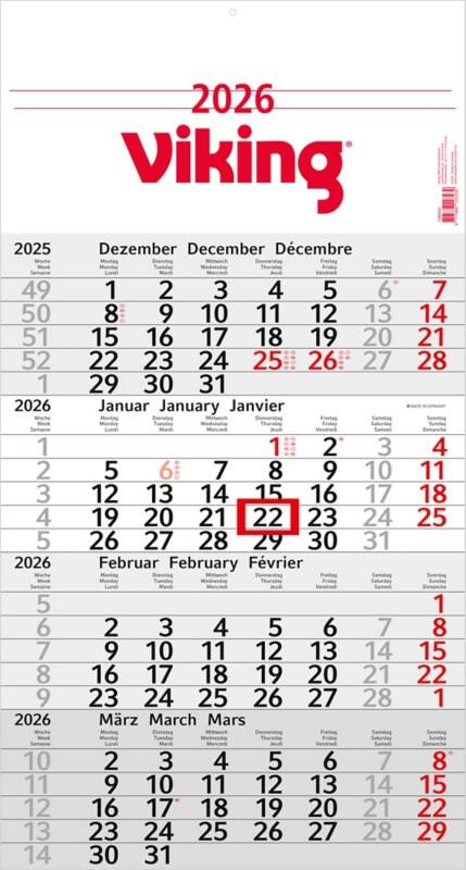 Viking Kalender 2026 Deutsch, Englisch, Französisch 30 (B) x 56 (H) cm Weiß