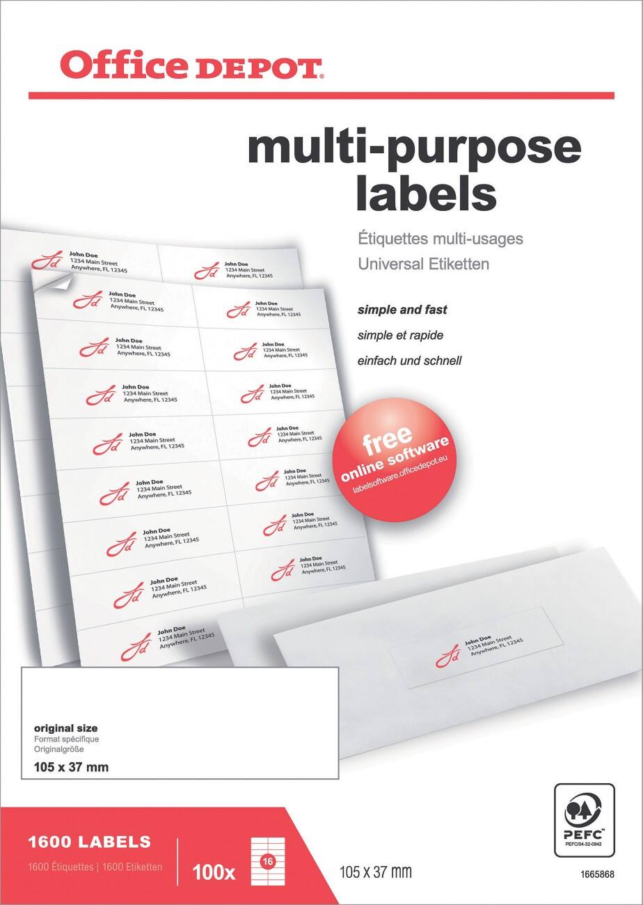 Office Depot Etiketten Gerade Ecken 105 mm x 37.13 mm Weiß 1600 Stück