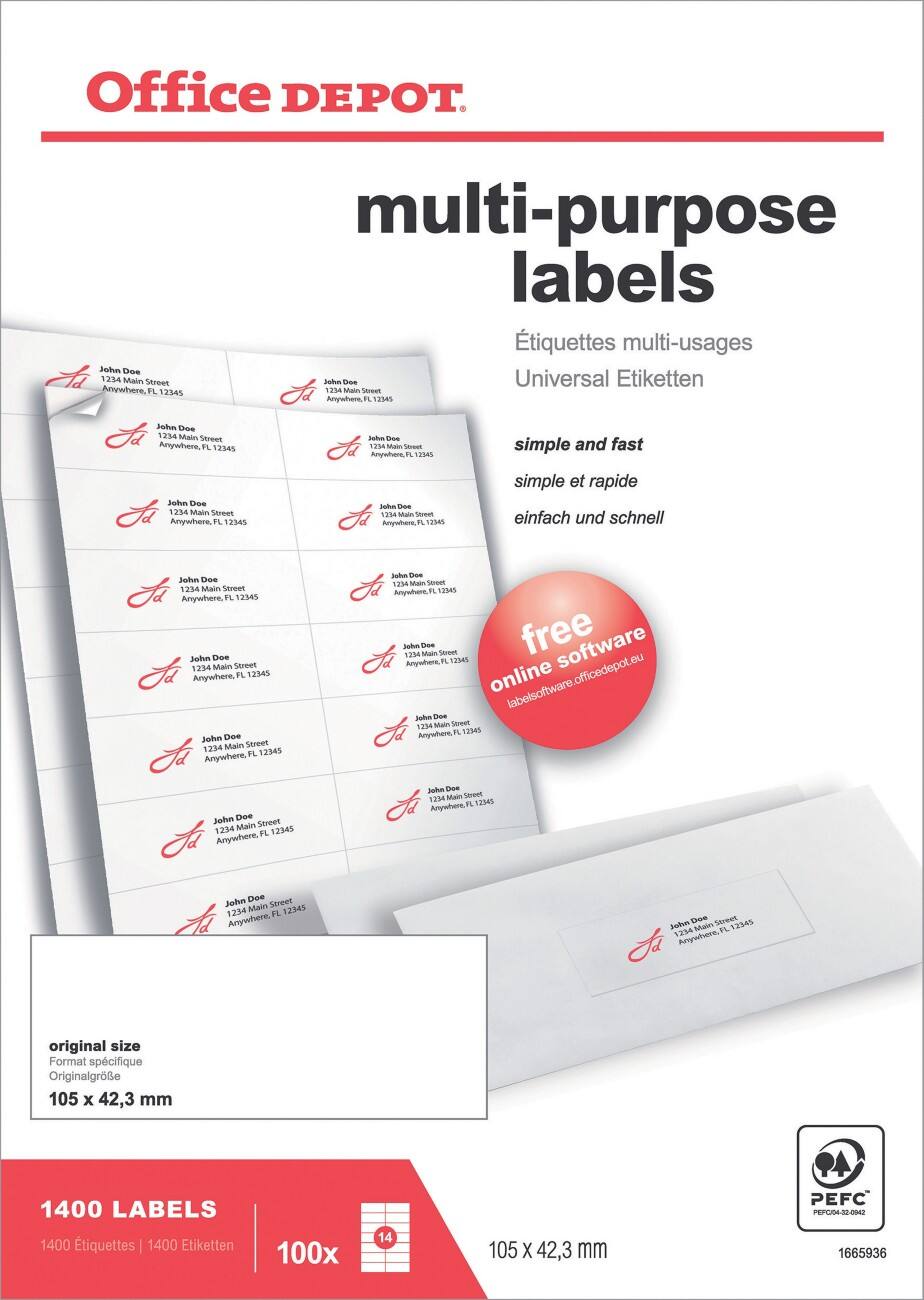 Office Depot Gerade Ecken Universaletiketten 105 x 42,3 mm Weiß 105 x 42,3 mm 100 Blatt à 14 Etiketten
