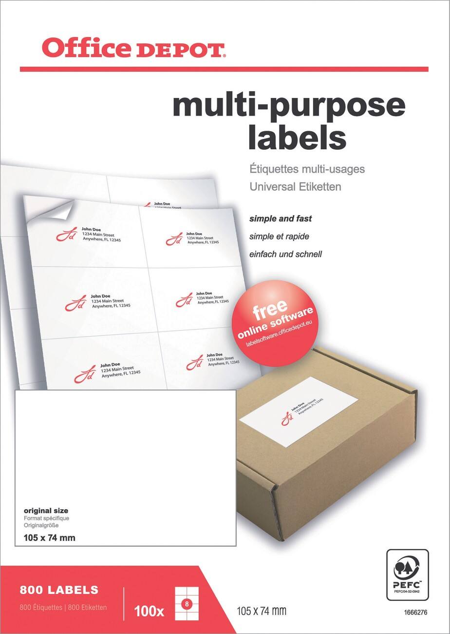 Office Depot Mehrzwecketiketten selbstklebend 105 x 74 mm Weiß 800 Etiketten 100 Blatt mit 8 Etiketten