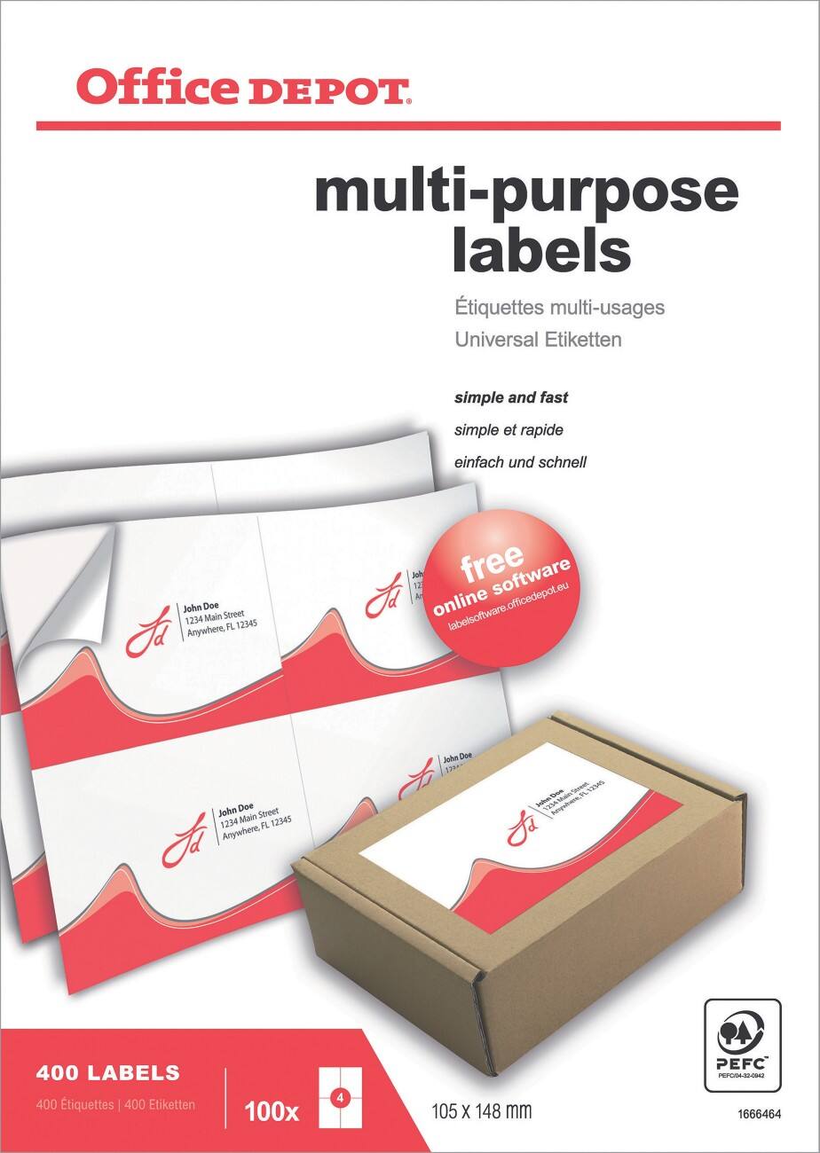 Office Depot Gerade Ecken Universaletiketten DIN A6 Weiß 105 x 148 mm 100 Blatt à 4 Etiketten