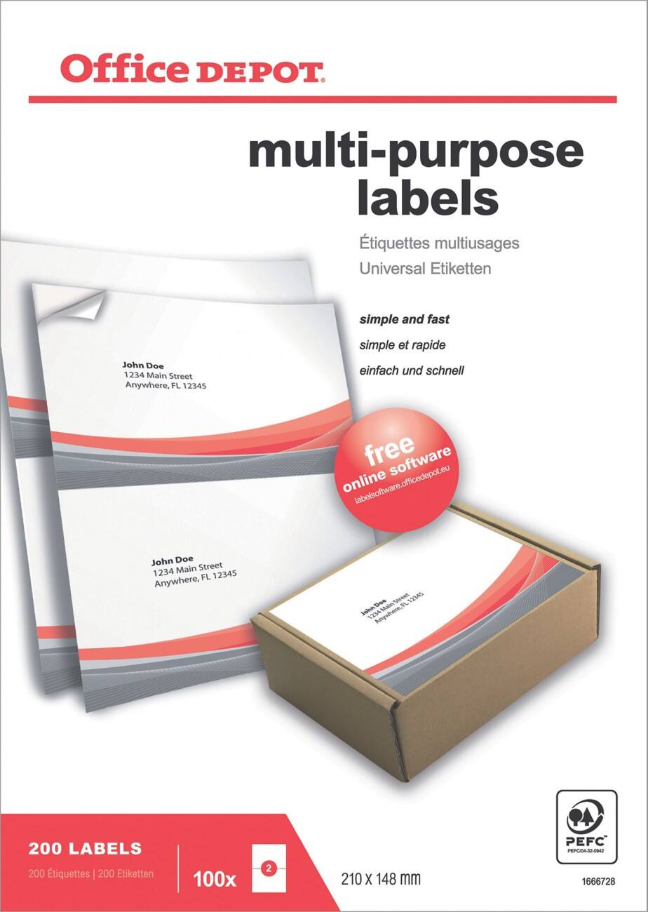 Office Depot Gerade Ecken Universaletiketten DIN A5 Weiß 210 x 148 mm 100 Blatt à 2 Etiketten