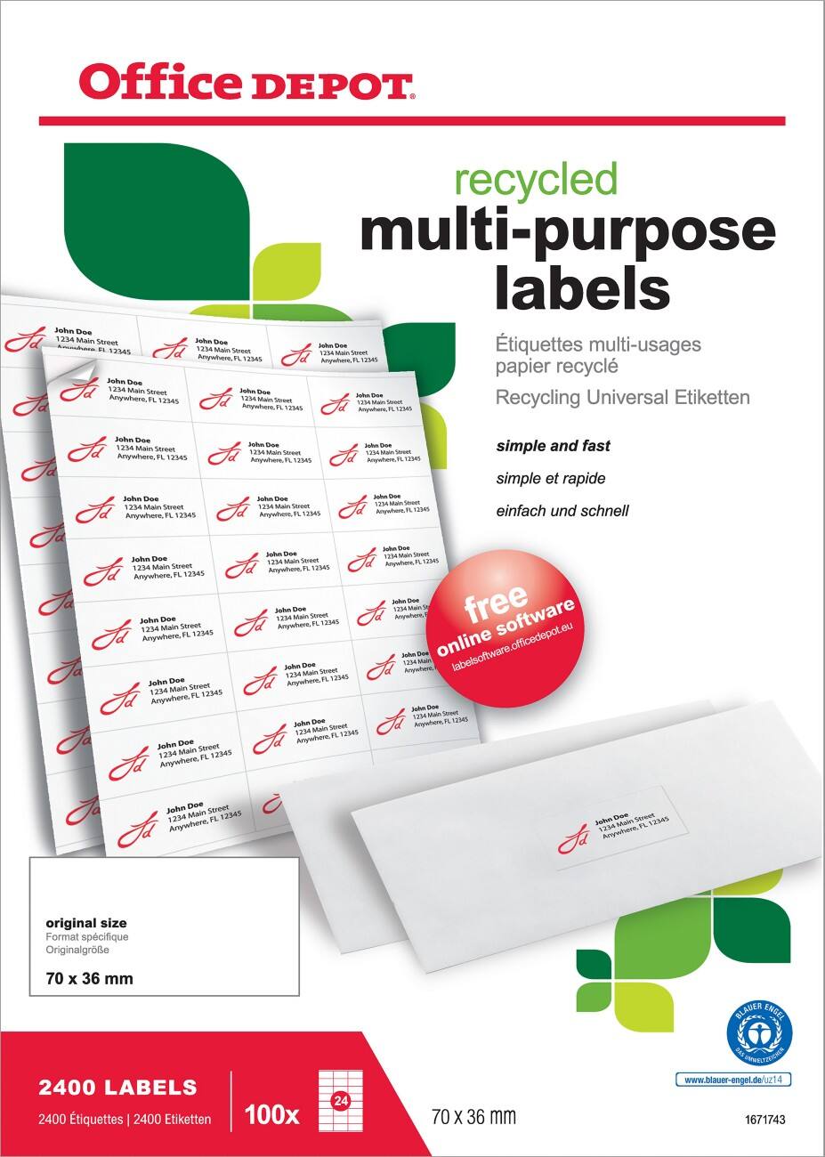 Office Depot Multifunktionsetiketten Selbstklebend 70 x 36 mm Weiß 100 Blatt mit 24 Etiketten
