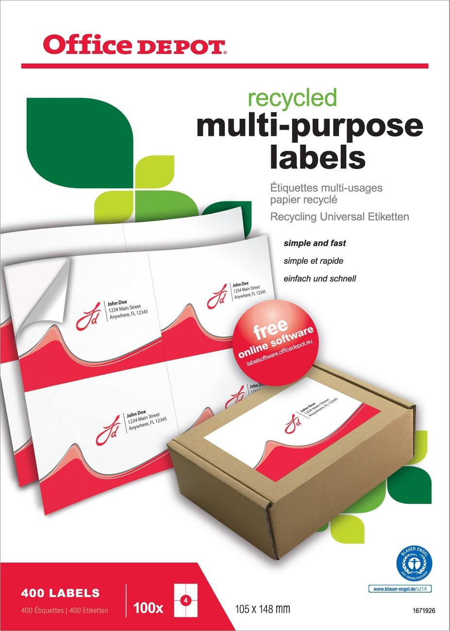 Office Depot Rechteckig Universaletiketten DIN A6 Weiß 105 x 148 mm 100 Blatt à 4 Etiketten