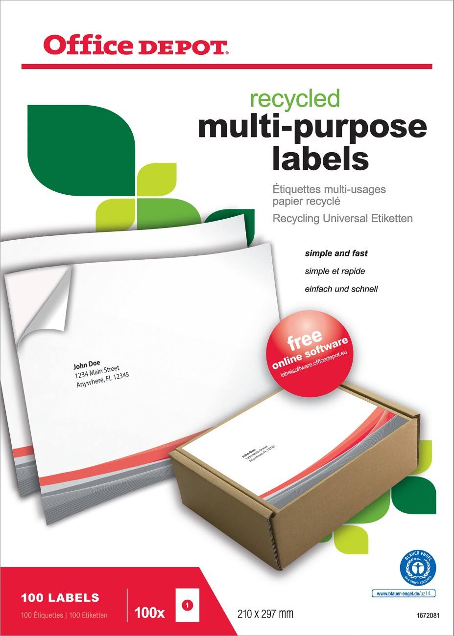 Office Depot Rechteckig Universaletiketten DIN A4 Weiß 210 x 297 mm 100 Blatt à 1 Etiketten