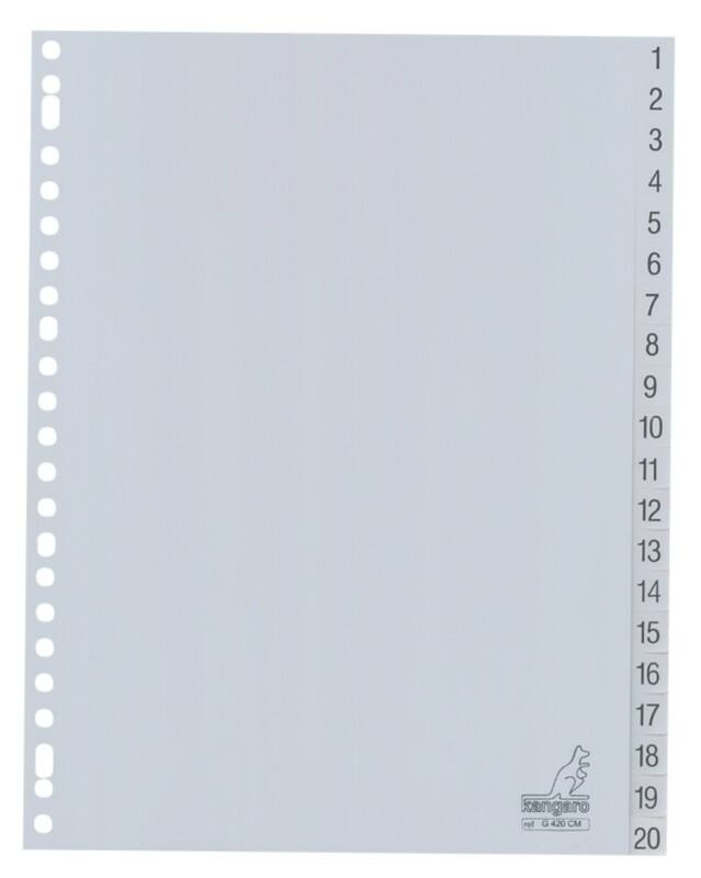 KANGARO 1 bis 20 Zahlenregister  DIN A4 Grau 20-teilig PP (Polypropylene) 23 Löcher G420CM