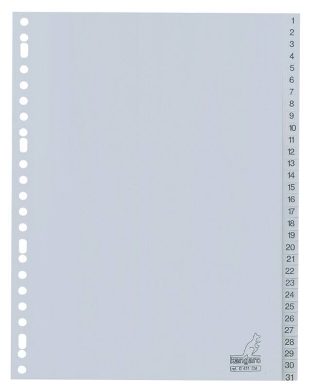 KANGARO 1 bis 31 Zahlenregister  DIN A4 Grau 31-teilig PP (Polypropylene) 23 Löcher G431CM