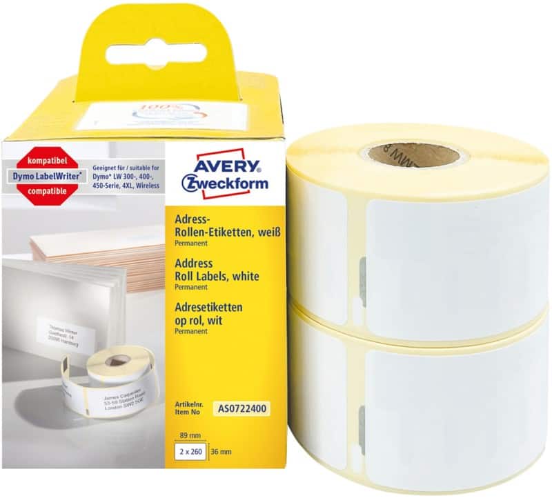 AVERY Zweckform AS0722400 Adressetiketten Selbsthaftend Weiß 36 x 89 mm 2 Rolle à 260 Etiketten
