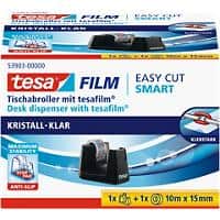 tesa Tischabroller tesafilm Easy Cut SMART Schwarz 15 mm (B) x 10 m (L) Kunststoff  + 1 Rolle tesa Klebefilm Kristall-Klar