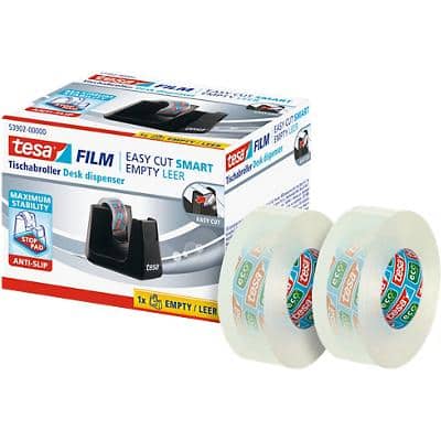 tesafilm Klebebandabroller Easy Cut SMART Schwarz + Eco & Clear Tape 19mm x 33m Klar 2 Rollen