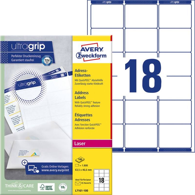 AVERY Zweckform Abziehhilfe QuickPEEL,ultragrip Adressetiketten L7161-100 Selbsthaftend DIN A4 Weiß 63,5 x 46,6 mm 100 Blatt à 18 Etiketten