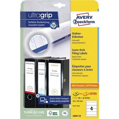AVERY Zweckform Ultragrip Ordneretiketten DIN A4 59 mm Weiß 30 Blatt à 4 Etiketten