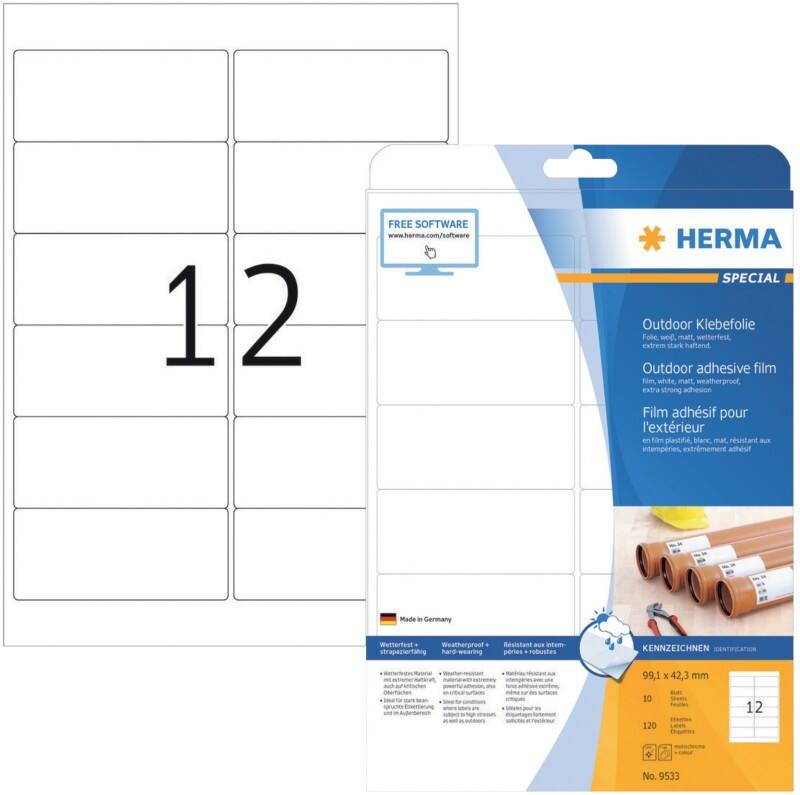 HERMA Wetterfeste Etiketten 9533 Rechteckig DIN A4 99,1 x 42,3 mm 10 Blatt à 12 Etiketten