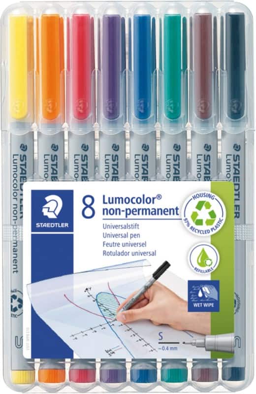 STAEDTLER 311 WP8 Folienstift 97% Recycelt Extra Fein Filzspitze 0.4 mm Farbig sortiert Nachfüllbar 8 Stück