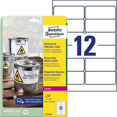 AVERY Zweckform Wasserfeste Etiketten L4776-20 Weiß DIN A4 99,1 x 42,3 mm 20 Blatt à 12 Etiketten