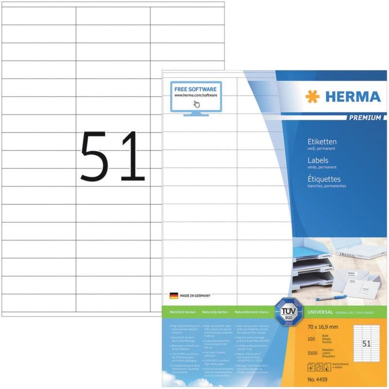 HERMA Universaletiketten 4459 Weiß DIN A4 70 x 16,9 mm 100 Blatt à 51 Etiketten