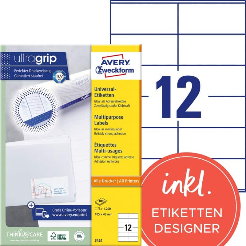 AVERY Zweckform ultragrip Universaletiketten 3424 Selbsthaftend DIN A4 Weiß 105 x 48 mm 100 Blatt à 12 Etiketten