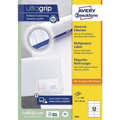 AVERY Zweckform UltraGrip Universaletiketten 3424 Ja DIN A4 Weiß 105 x 48 mm 100 Blatt à 12 Etiketten