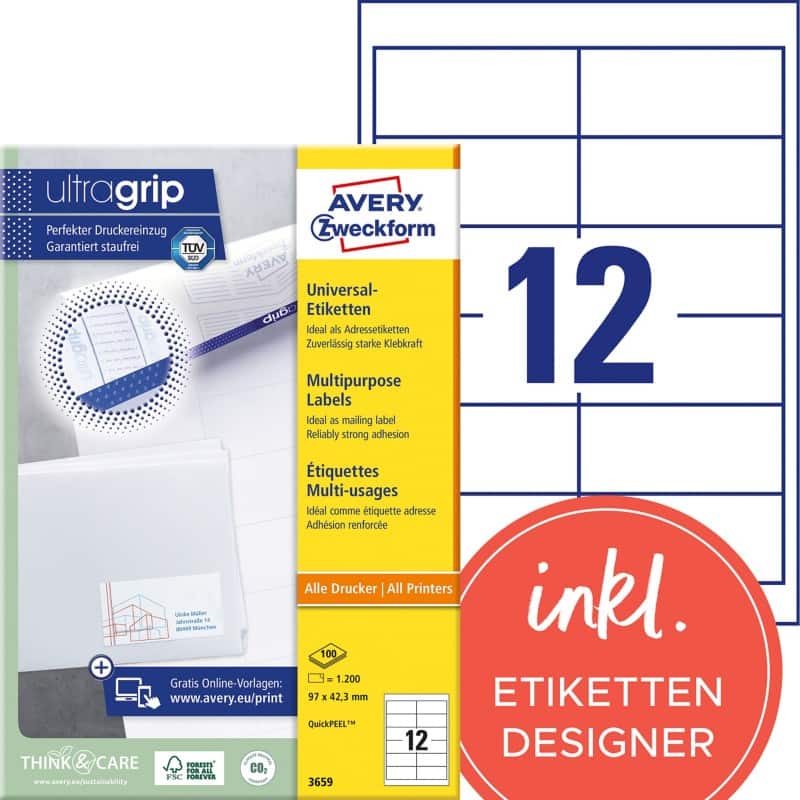 AVERY Zweckform Abziehhilfe QuickPEEL,ultragrip Universaletiketten 3659 Selbsthaftend DIN A4 Weiß 97 x 42,3 mm 100 Blatt à 12 Etiketten