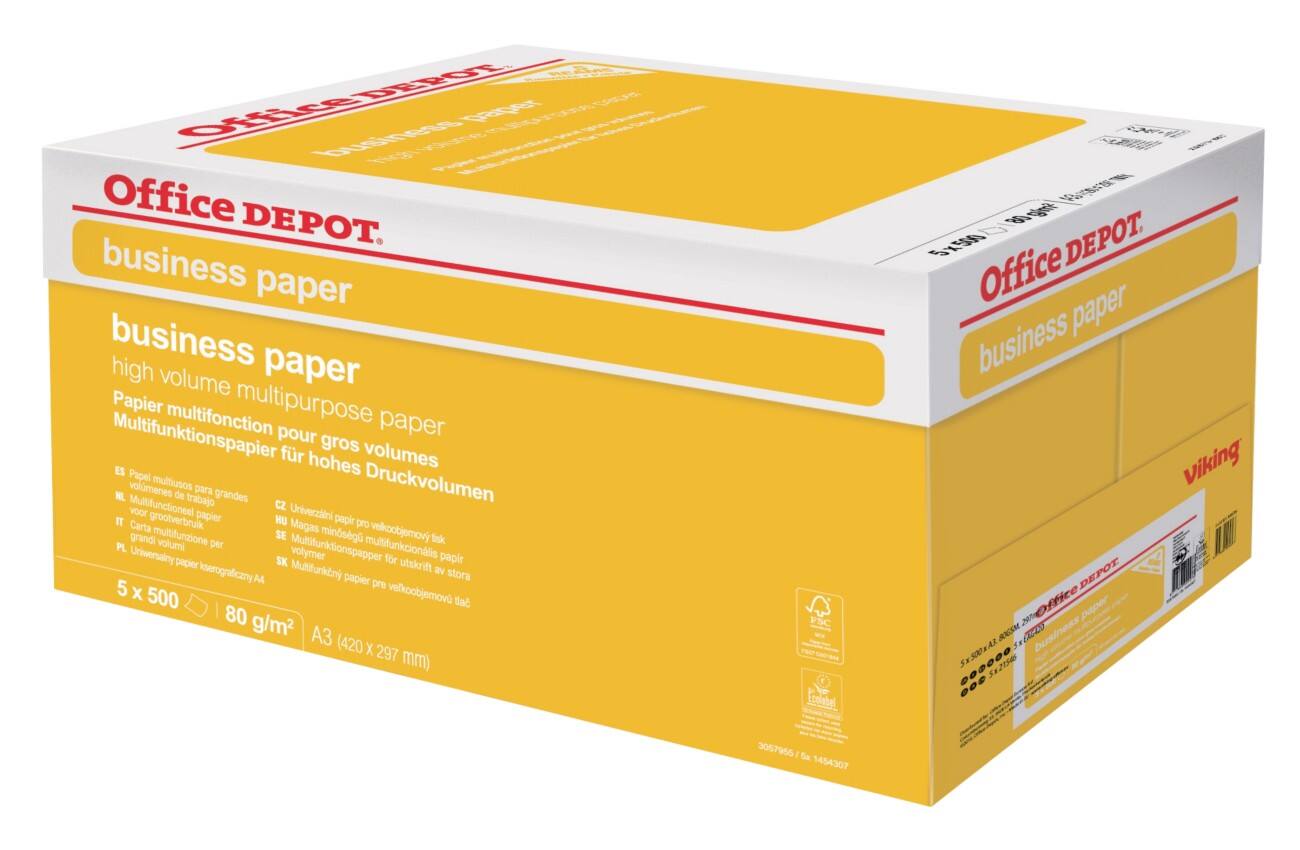 Office Depot Business Kopier-/ Druckerpapier DIN A3 80 g/m² Weiß Box mit 5 Pack à 500 Blatt