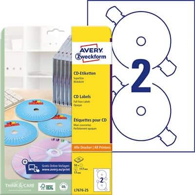 Avery Zweckform L7676-25 CD-Etiketten selbstklebend, Ø 117 mm weiß, matt 25 Blatt mit 2 Etiketten