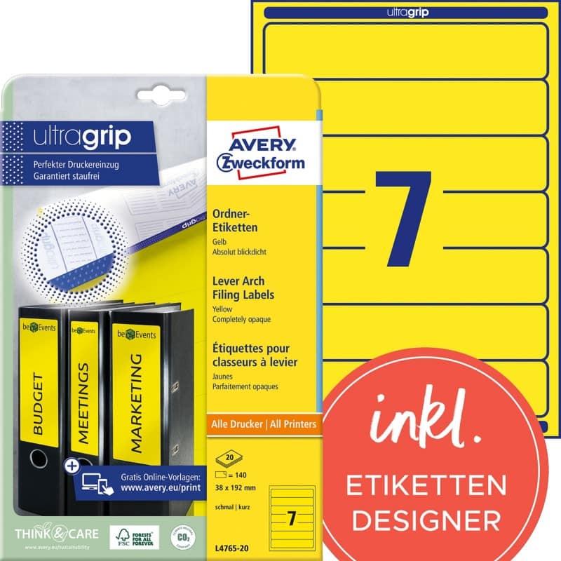 AVERY Zweckform ultragrip Ordneretiketten L4765-20 Selbsthaftend DIN A4 Gelb 3,8 x 19,2 cm 20 Blatt à 7 Etiketten