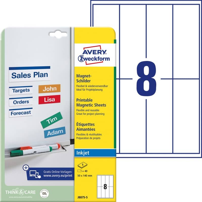 AVERY Zweckform J8875-5 Magnetschilder DIN A4 Weiß 50 x 140 mm 5 Blatt à 8 Etiketten