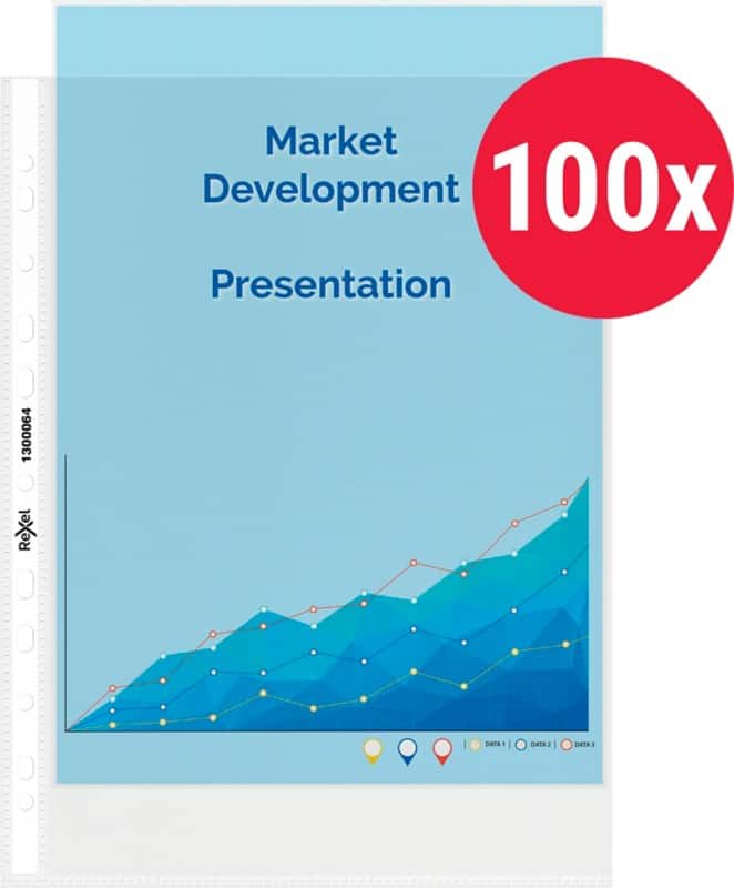 Rexel Premium Top Quality Prospekthüllen  DIN A4 Glasklar Transparent 80 Mikron PP (Polypropylen) Öffnung oben 11 Löcher 100 Stück