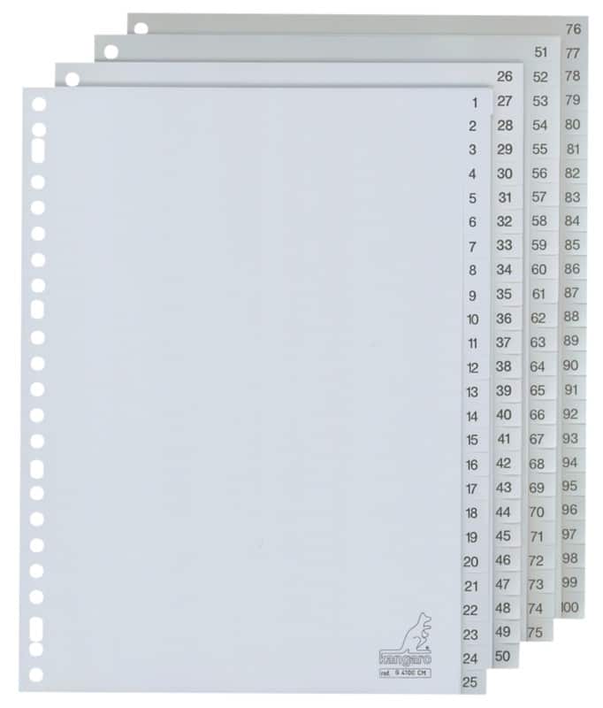KANGARO 1 bis 100 Zahlenregister  DIN A4 Grau 100-teilig PP (Polypropylene) 23 Löcher G4100CM