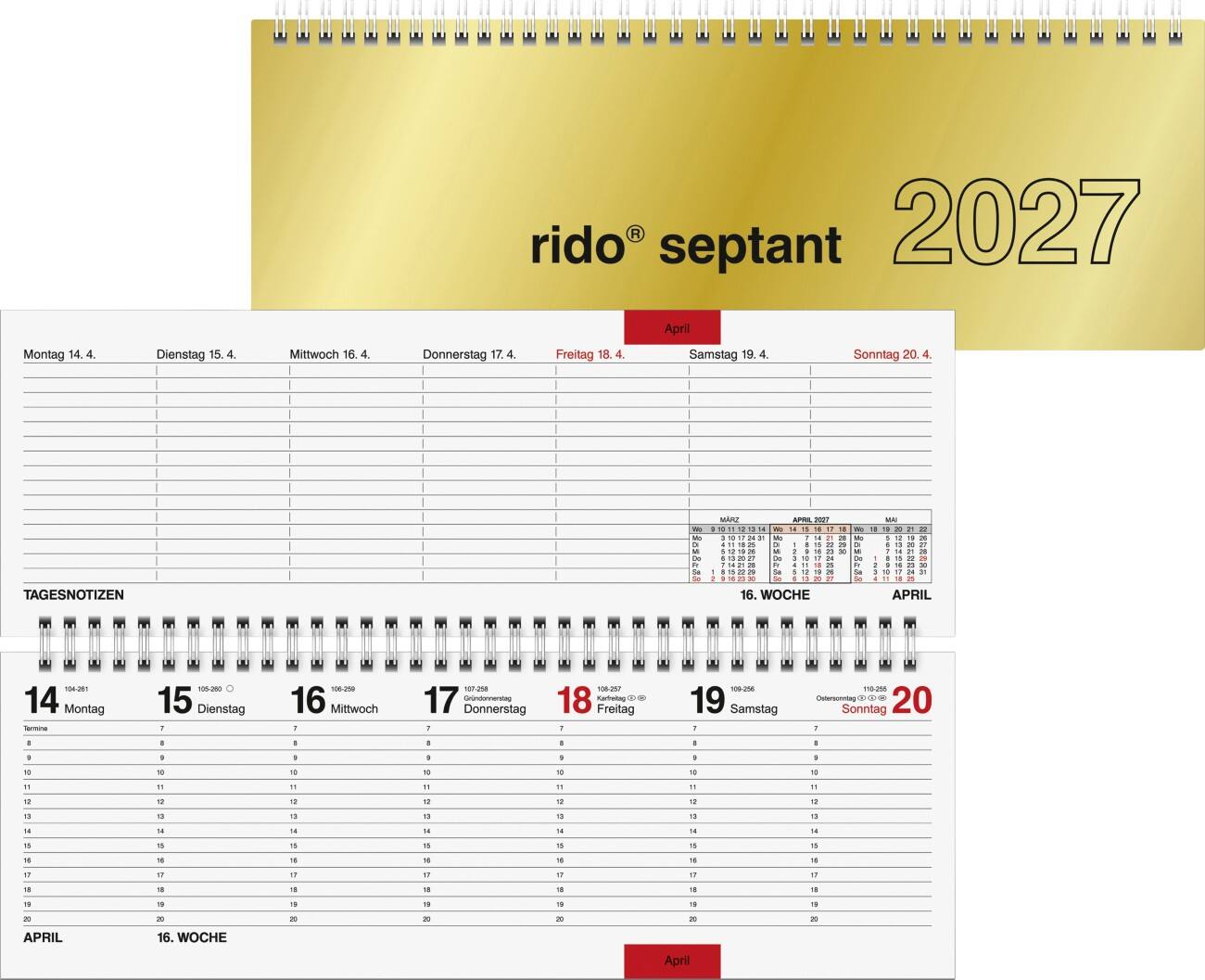 BRUNNEN Septant Gold Tischkalender 2027 1 Woche / 2 Seiten Deutsch 30,7 (B) x 10,5 (H) cm Gold