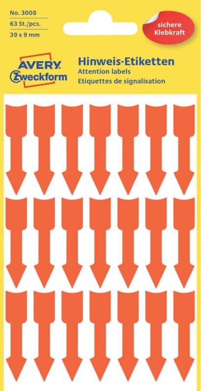 AVERY Zweckform Markierungspunkte 3008 Selbsthaftend Leuchtendes Orange 39 x 9 mm 3 Blatt à 21 Etiketten