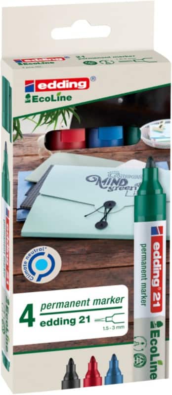 edding EcoLine 21 Permanentmarker  Mittel Rundspitze 1,5 - 3 mm Farbig sortiert Nachfüllbar Wasserbeständig 4 Stück