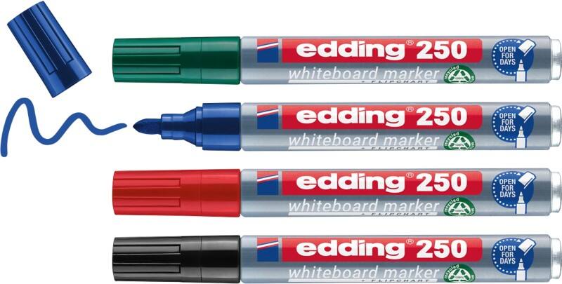 edding 250 Non-permanent Whiteboard-Marker Farbig sortiert Mittel Rundspitze 1,5 - 3 mm 100% Recycelt 4 Stück