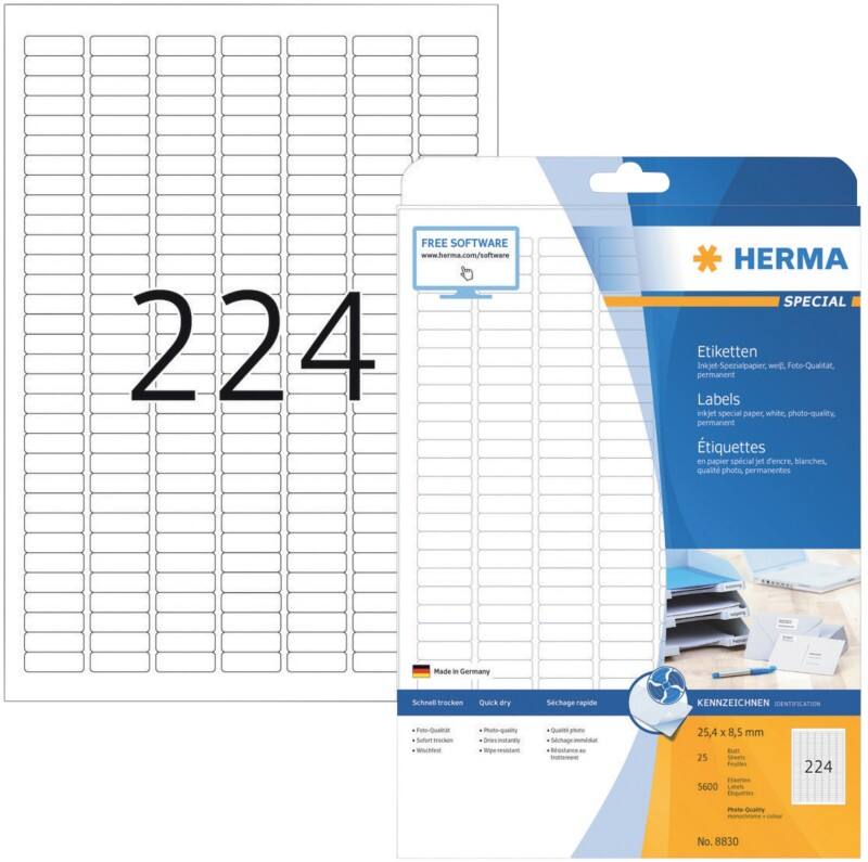 HERMA Inkjetetiketten 8830 Weiß DIN A4 25,4 x 8,5 mm 25 Blatt à 224 Etiketten
