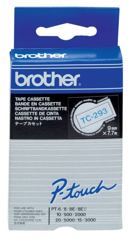 Brother TC-293 Authentic Schriftband Selbstklebend Blauer Druck auf Weiß 9 mm x 7.7m