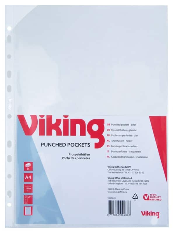 Viking Premium Prospekthüllen  DIN A4 Glasklar Transparent 110 Mikron PP (Polypropylen) Öffnung oben 11 Löcher 25 Stück