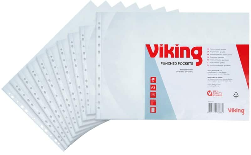 Viking Premium Prospekthüllen DIN A3 quer Genarbt Transparent 110 Mikron PP (Polypropylen) Öffnung oben 11 Löcher 10 Stück
