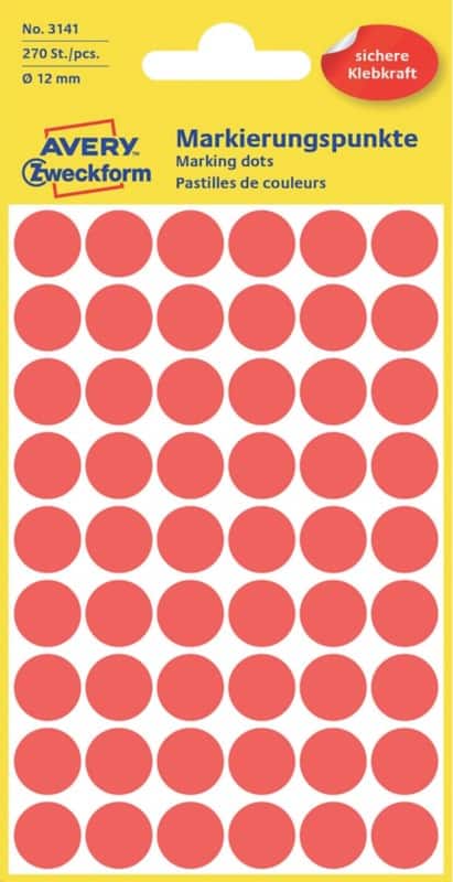 AVERY Zweckform Markierungspunkte 3141 Selbsthaftend Rot 12 x 12 mm 5 Blatt à 54 Etiketten