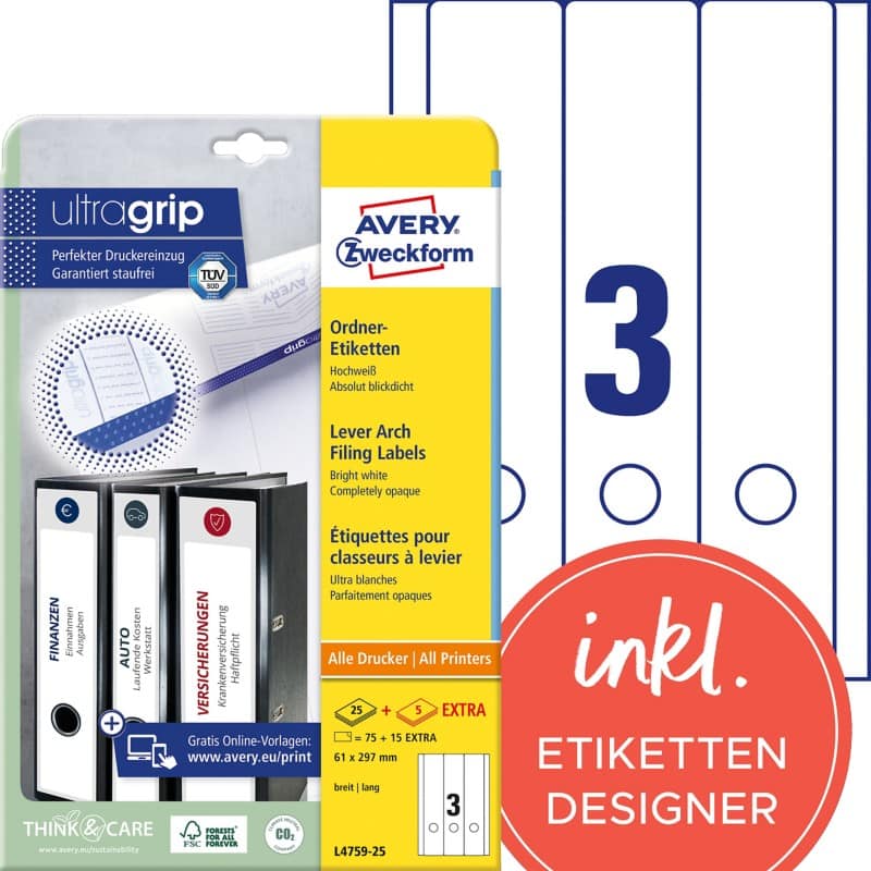 AVERY Zweckform ultragrip Ordneretiketten L4759-25 Selbsthaftend DIN A4 Weiß 6,1 x 29,7 cm 30 Blatt à 3 Etiketten