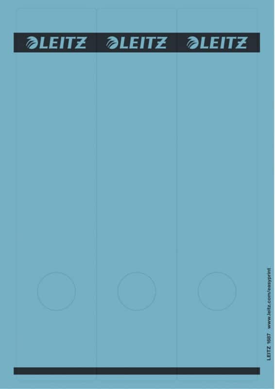 Leitz PC-beschriftbare Selbstklebende Rückenschilder 1687 Lang Für Leitz 1080 Qualitäts-Ordner Blau 62 x 285 mm 75 Stück