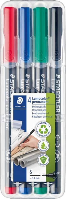 STAEDTLER 311 WP4 Folienstift 97% Recycelt Extra Fein Filzspitze 0.4 mm Farbig sortiert Nachfüllbar 4 Stück