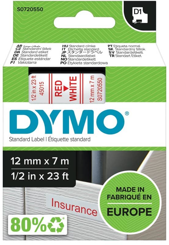 DYMO D1 Beschriftungsband Authentisch 45015 S0720550 Selbsthaftend Rot auf Weiß 12 mm x 7 m