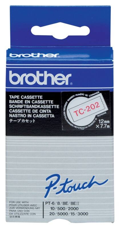 Brother TC Schriftband TC-202 Weiß auf Rot 12 mm x 7,7 m