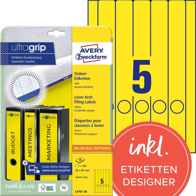 AVERY Zweckform L4751-20 Ordneretiketten DIN A4 Gelb 38 x 297 mm 20 Blatt à 5 Etiketten