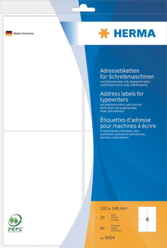HERMA Adressetiketten 4434 DIN A4 Weiß 102 x 148 mm 20 Blatt à 4 Etiketten