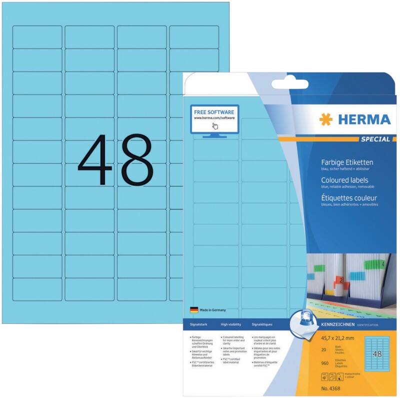 HERMA Etiketten 4368 haftend DIN A4 Blau 45,7 x 21,2 mm 20 Blatt à 48 Etiketten