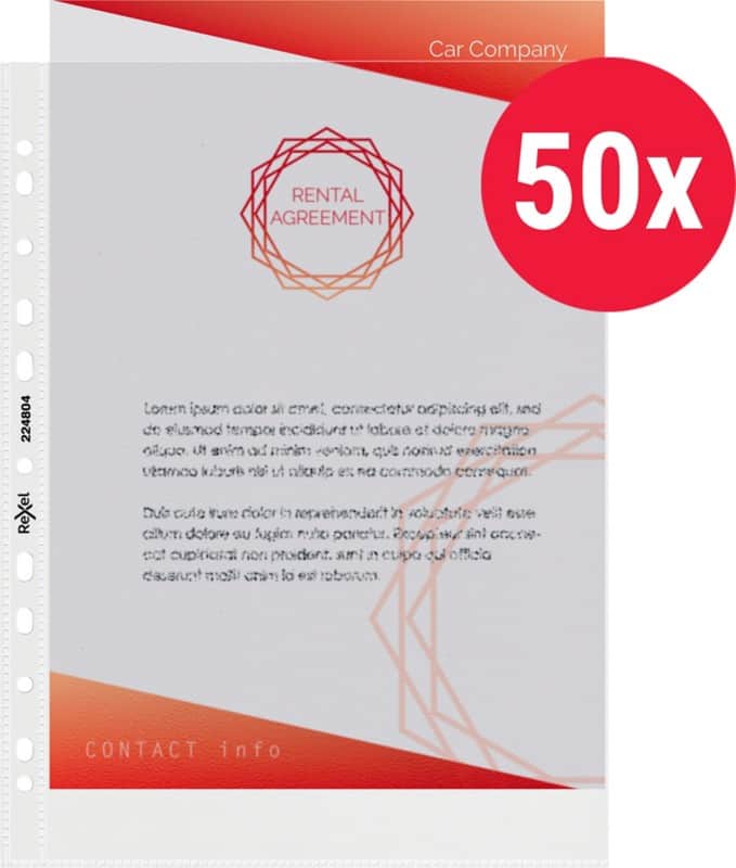 Rexel Prospekthüllen  DIN A4 Genarbt Transparent 65 Mikron PP (Polypropylen) Öffnung oben 11 Löcher 224804 50 Stück