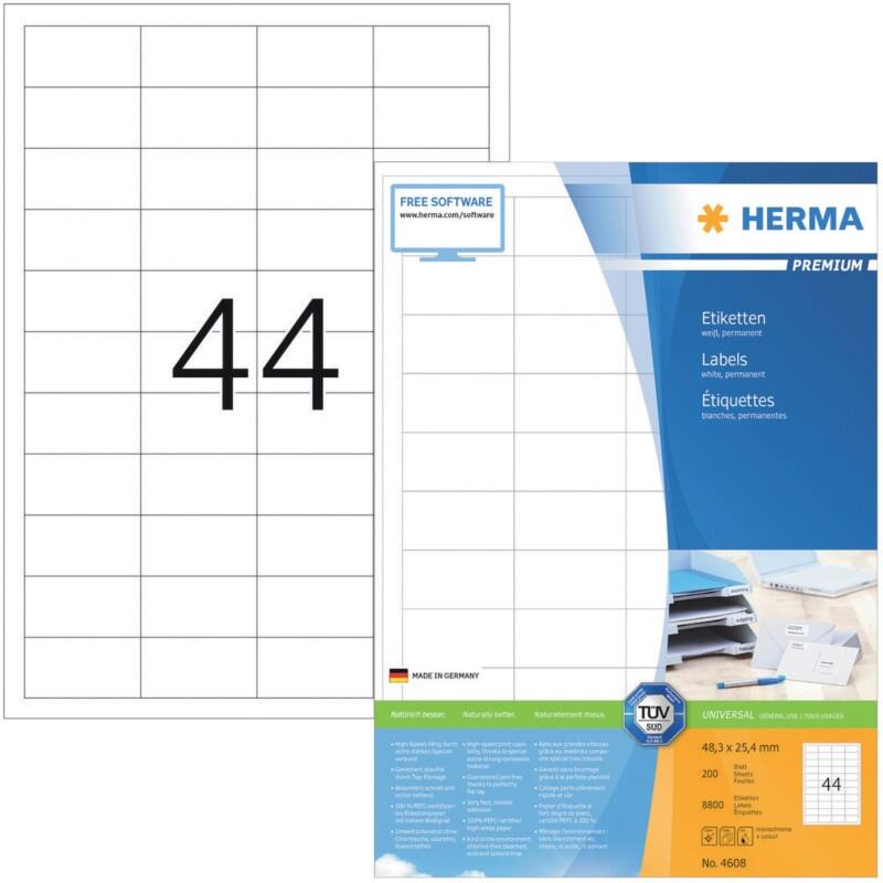 HERMA Universaletiketten 4608 Weiß DIN A4 48,3 x 25,4 mm 200 Blatt à 44 Etiketten